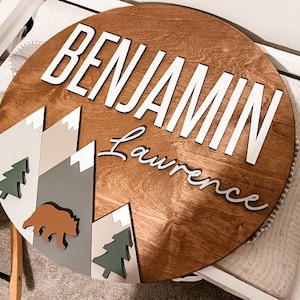 Custom Name Sign, Mountain Name Sign, Bear Woodland decor, Nursery Room Decor, 3D Wood Sign, Nursery Wall Art, Woodland Nursery Decor