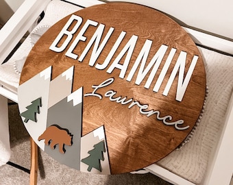 Custom Name Sign, Mountain Name Sign, Bear Woodland decor, Nursery Room Decor, 3D Wood Sign, Nursery Wall Art, Woodland Nursery Decor
