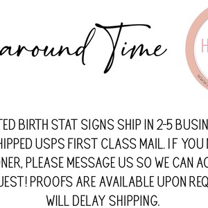 May include: White background with the words "Turnaround Time" in a script font. The image includes a logo with the text "Hickory Hollow Designs" and additional text about shipping birth stat signs.