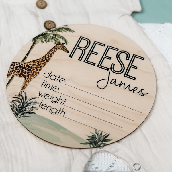 Baby Birth Stat Sign | Personalized Birth Announcement Sign | Gift for New Mom | Name Announcement | Safari Theme | Jungle Animals | Giraffe