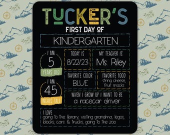 May include: A black chalkboard sign with the text "TUCKER'S FIRST DAY OF KINDERGARTEN" and information about the child's age, height, favorite color, favorite food, and what they want to be when they grow up. The sign is decorated with a mountain and compass pattern.