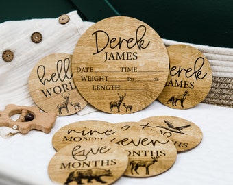 Woodland Animals Baby Milestone Markers, First Year Photo Props, Gift For New Mom, Baby Age Markers, Baby Birth Stat, Baby Name Announcement