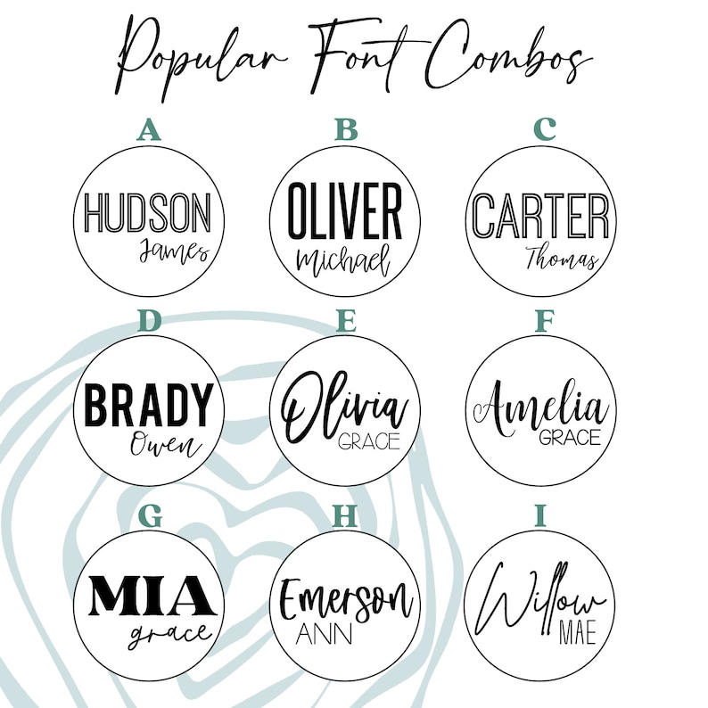 May include: A graphic showcasing nine popular font combinations for names. Each combination is displayed within a white circle, featuring names like Hudson, Oliver, Carter, Brady, Olivia, Amelia, Mia, Emerson, and Willow. The text "Popular Font Combos" is at the top.