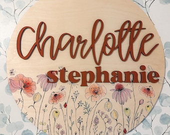 Round 3D Nursery Name Sign Boho Floral Pattern | 18-36 Inch Personalized Wooden Name Sign | Baby Name Sign | Baby Shower | Wildflower Decor