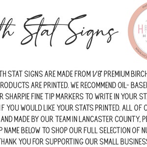 May include: White background with the text "Birth Stat Signs" in a cursive font. The text is accompanied by a circular logo with the words "Hickory Hollow Designs" and additional text.