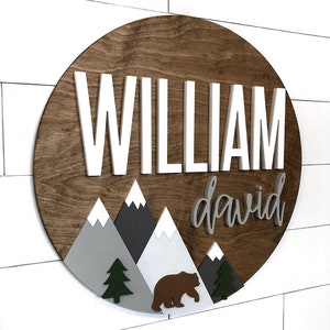 Custom Name 18-36 Mountain Sign Bear Adventure theme Outdoor Nursery Room Decor Wood Sign Nursery Wall Art Shower Gift Wood image 2