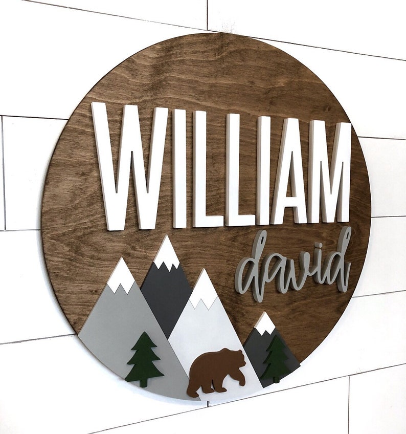 Custom Name 18-36 Mountain Sign Bear Adventure theme Outdoor Nursery Room Decor Wood Sign Nursery Wall Art Shower Gift Wood image 2