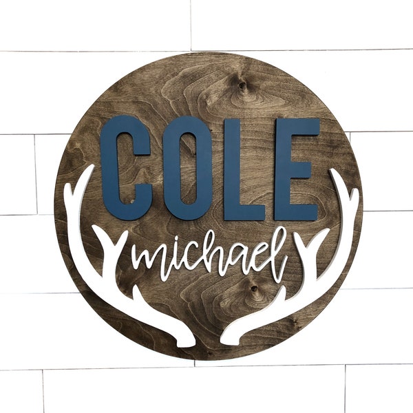 Custom Name Sign | Round | 18"-36" Antler | Baby Name |  Boy Nursery Sign | Baby Gift | 3D | Antler Deer sign | Gift | Hunting Theme