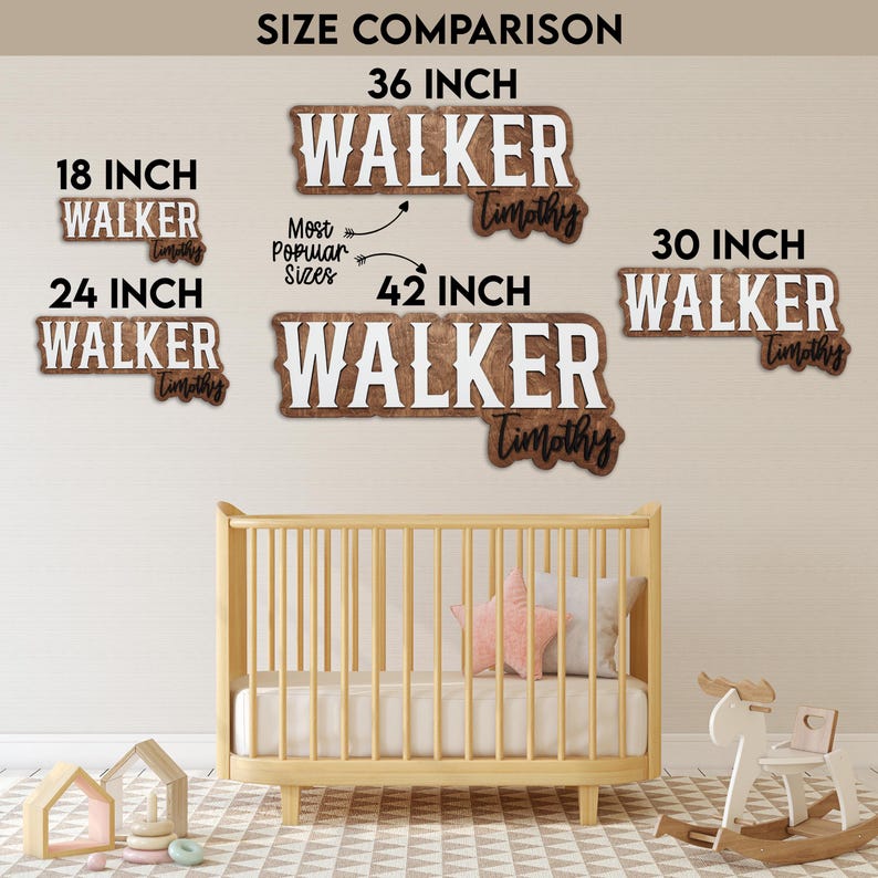 May include: A size comparison chart for custom wooden name signs featuring the name Walker Timothy in various widths including 18, 24, 30, 36, and 42 inches. The signs have white block lettering on a brown wood background with black script text.