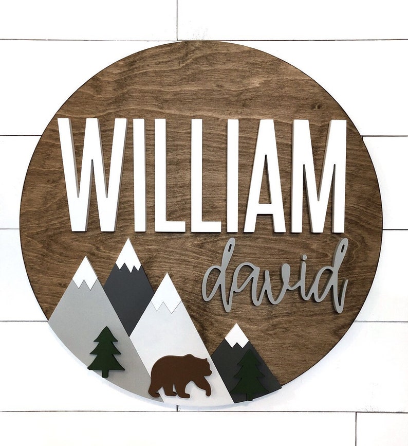 Custom Name | 18-36' Mountain Sign | Bear Adventure theme | Outdoor Nursery Room Decor | Wood Sign | Nursery Wall Art | Shower Gift | Wood 