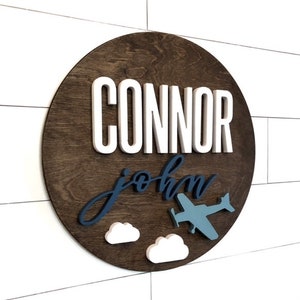 Custom Name Sign | Round Sign | Baby Name Sign | Nursery Room Decor | Wood Sign | Nursery Wall Art | Baby Shower Gift | Wood Name | Airplane