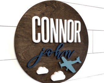 Custom Name Sign | Round Sign | Baby Name Sign | Nursery Room Decor | Wood Sign | Nursery Wall Art | Baby Shower Gift | Wood Name | Airplane