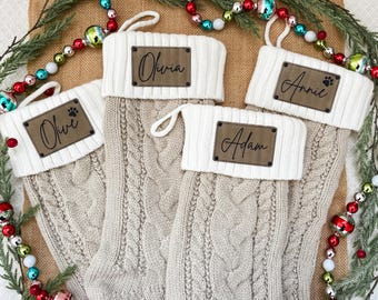 Personalized Christmas Stockings, Leather Patch Stockings, Laser Engraved, Holiday Stockings, Knit Stockings, Family Christmas Stockings