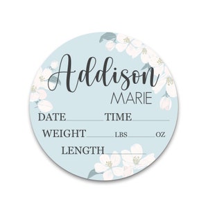 Baby Birth Stat | Personalized Birth Announcement Sign | Printed Newborn Birth Stat | Name Announcement | White Floral, Light Blue Newborn