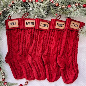 Personalized Christmas Stockings, Leather Patch Stockings, Engraved Stockings, Holiday Stockings, Knit Stockings, Family Christmas Stockings