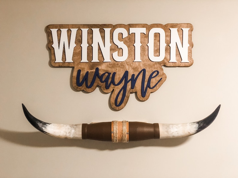 May include: A wooden wall sign featuring the name WINSTON in white block letters and wayne in navy blue script, mounted above a pair of long, curved animal horns with a brown leather and rope center wrap detail.