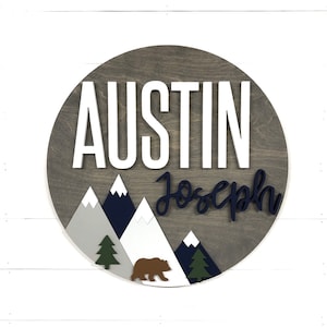 Nursery Name Sign | Bear Mountain Sign | 18-36 inch | Adventure Nursery Room Decor | Wood Sign | Custom Sign | Baby Shower Gift | Round Crib