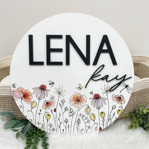 Round 3D Nursery Name Sign Boho Floral Pattern | 18-36 Inch Personalized Wooden Name Sign | Baby Name Sign | Baby Shower | Wildflower Decor