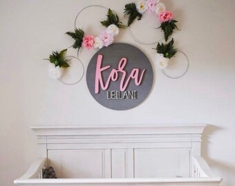 Nursery Name Sign, 12-36 Inch, Baby Shower, Personalized Round plaque, Customize Wood Baby Sign, 3D Letters, Floral Inspired Nursery Theme