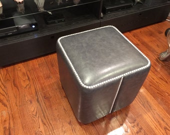 Art furniture Exclusive square Gray vinyl black Pearl nailheads bench ottoman creative stool chair pouf custom made in USA