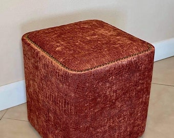 Custom Made Unique Accent Coral Crocodile Velvet Copper Nail Head Square Ottoman Stool Pouf Footstool Chair