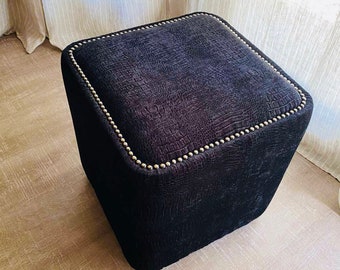 Custom Made Unique Accent Black Crocodile Velvet Copper Renaissance Nail Head Square Ottoman Stool Pouf Footstool Chair
