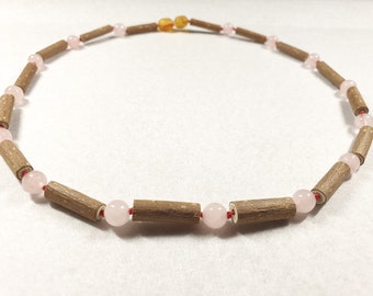 Hazelwood and rose quartz necklace, all sizes available