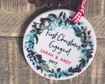 Personalised First Christmas Engaged Christmas Decoration Wreath...Round Ceramic ... - Tree Decoration - Ornament