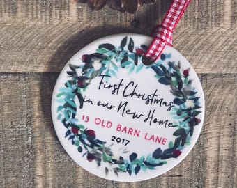 Personalised First Christmas in our New Home Address Christmas Decoration Wreath....Round Ceramic ... - Tree Decoration - Ornament