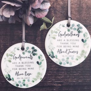 Personalised Godmother Godparents Thank you Decoration Botanical....Round Ceramic ... - Keepsake Decoration - Ornament