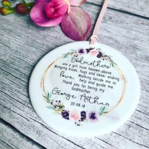 Personalised Godmother Godparents  Godfather Thank you Decoration Botanical....Round Ceramic ... - Keepsake Decoration - Ornament