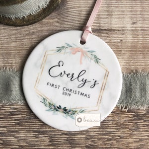 Personalised First Christmas gift Baby Girl Marble Style Botanical Ceramic or Acrylic Round Decoration Ornament Keepsake