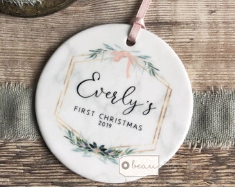 Personalised First Christmas gift Baby Girl Marble Style Botanical Ceramic or Acrylic Round Decoration Ornament Keepsake