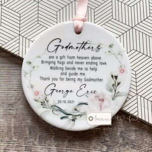 Personalised Godmother Godparents  Godfather Thank you Decoration Pink Floral Botanical...Round Ceramic ... - Keepsake Decoration - Ornament