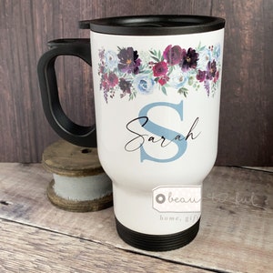 Personalised Burgundy Grey Floral Travel Mug - Coffee Mug - Gift Mug  - Cup