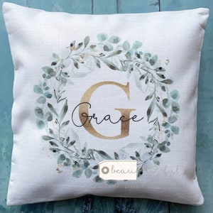 Personalised Name and Initial Eucalyptus Greenery Wreath Linen Style Cushion decor cover