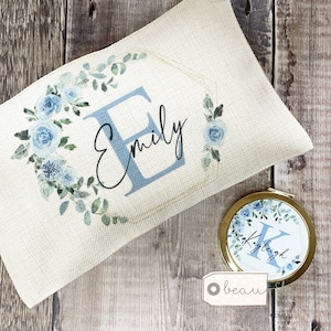 Personalised Name and Initial.. Pale blue Floral Greenery Design Linen Style Make up Bag Birthday Gift for Mum Friends Sister Aunt
