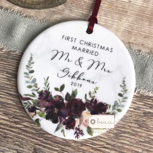 Personalised First Christmas Married as Mr & Mrs Wedding Burgundy Floral Ceramic Round Decoration Ornament Keepsake