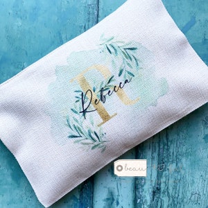 Personalised Name and Initial.. Gold and Greenery Design Linen Style Make up Bag Birthday Gift for Mum Friends Sister Aunt