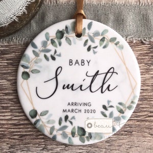 Personalised Baby Reveal Pregnancy Girl Boy Greenery Ceramic Round Decoration Ornament Keepsake