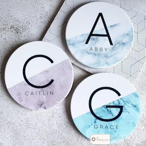 Personalised Name and Initial Marble style Ceramic Round Coaster