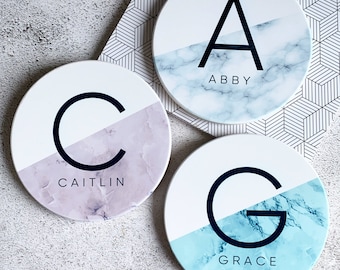 Personalised Name and Initial Marble style Ceramic Round Coaster