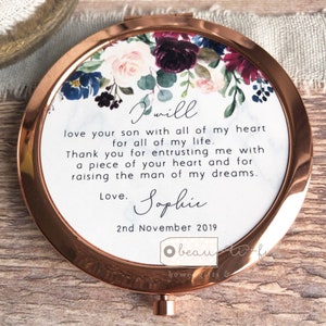 Personalised Mother of Groom Bride Thank you from Bride Groom Quote Burgundy Navy Rose Gold Compact Mirror Wedding Gift