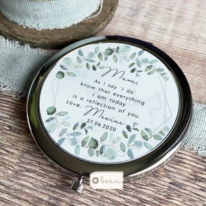 Personalised Mother of Bride Groom As I say ‘I do’ from Bride Groom Quote Geometric Greenery Silver Compact Mirror Wedding Gift