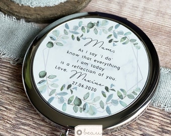 Personalised Mother of Bride Groom As I say ‘I do’ from Bride Groom Quote Geometric Greenery Silver Compact Mirror Wedding Gift