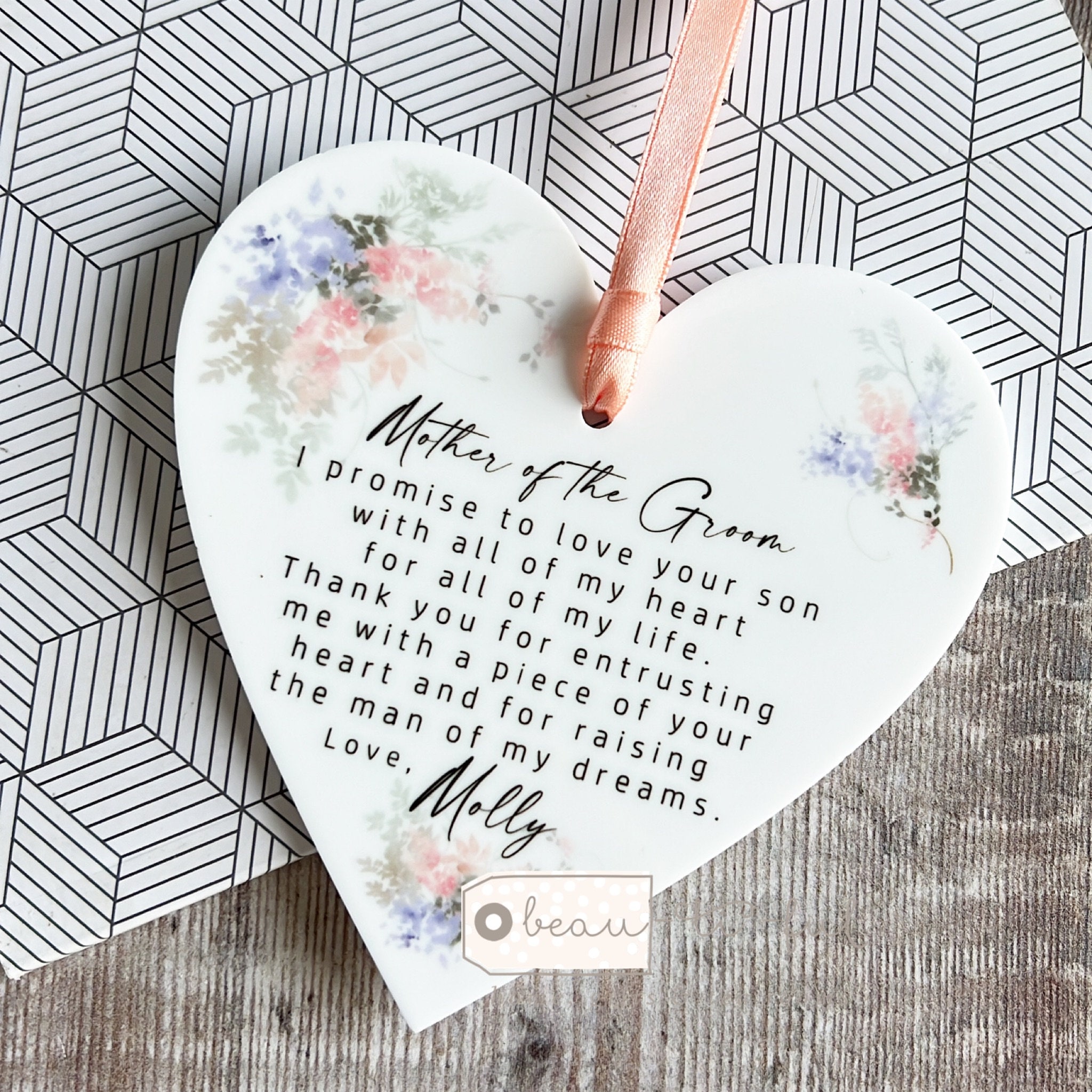 Personalised Mother of the Groom Bride gift Thank you gift from Bride Groom Floral Acrylic heart Decoration Ornament Wedding Keepsake