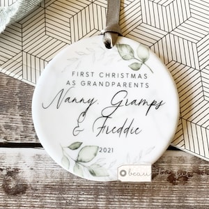 Personalised First Christmas As Grandparents Grandma Nana Grandpa Greenery Wreath Ceramic Round Decoration Ornament Keepsake