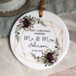 Personalised First Christmas Married Mr Mrs Wedding Burgundy Floral Ceramic Round Decoration Ornament Keepsake