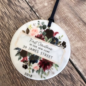 Personalised First Christmas In our new home address Burgundy Floral Ceramic Ornament ... - Keepsake Decoration