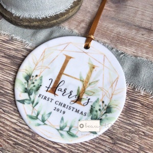 Personalised Baby’s First Christmas New Baby Newborn Geometric Greenery Ceramic Round Decoration Ornament Keepsake